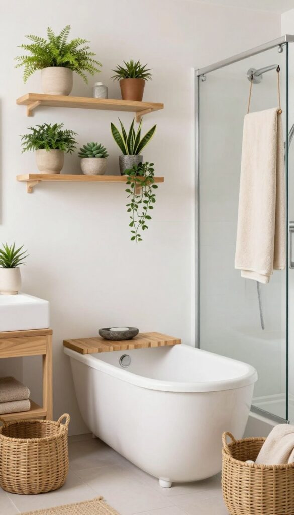 Small bathroom with tub and shower combo decorated with plants and natural textures like wood and stone for a cozy, inviting look.