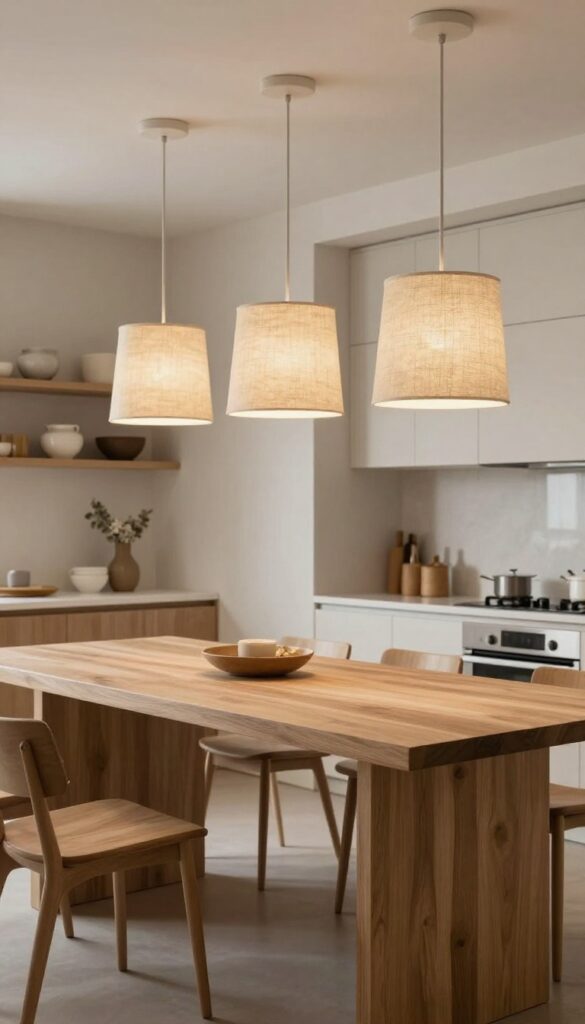 Three linen drum pendant lights over a kitchen island emitting soft diffused light in a warm neutral kitchen