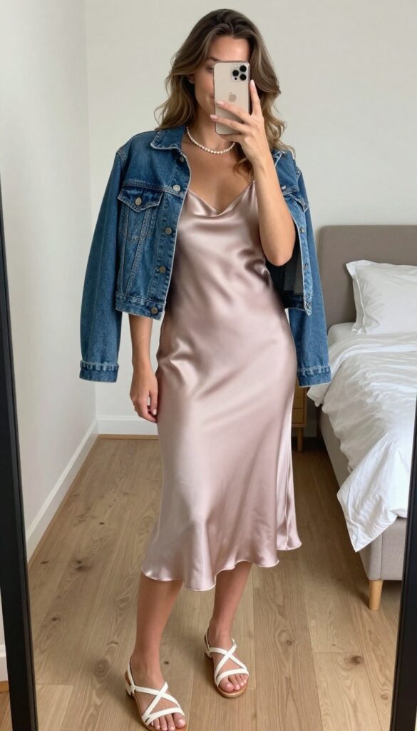 Woman in slip dress and denim jacket taking a mirror selfie, pearl necklace visible, holding phone partially covering face.