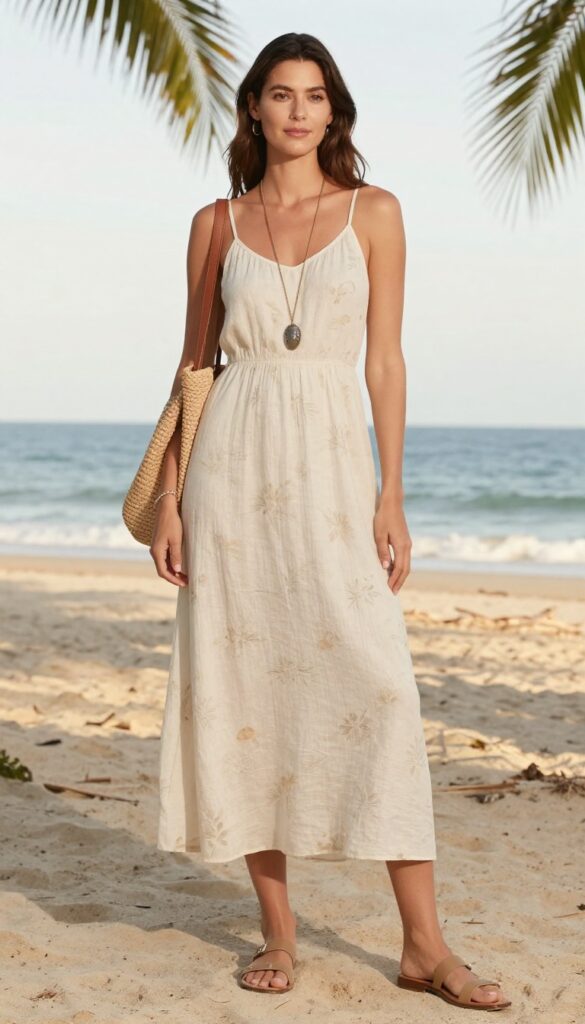 A tall woman wearing a flowing maxi dress and flat sandals on a beach at dusk, styled with accessories like a pendant necklace and woven bag, embodying a relaxed and elegant summer evening outfit.