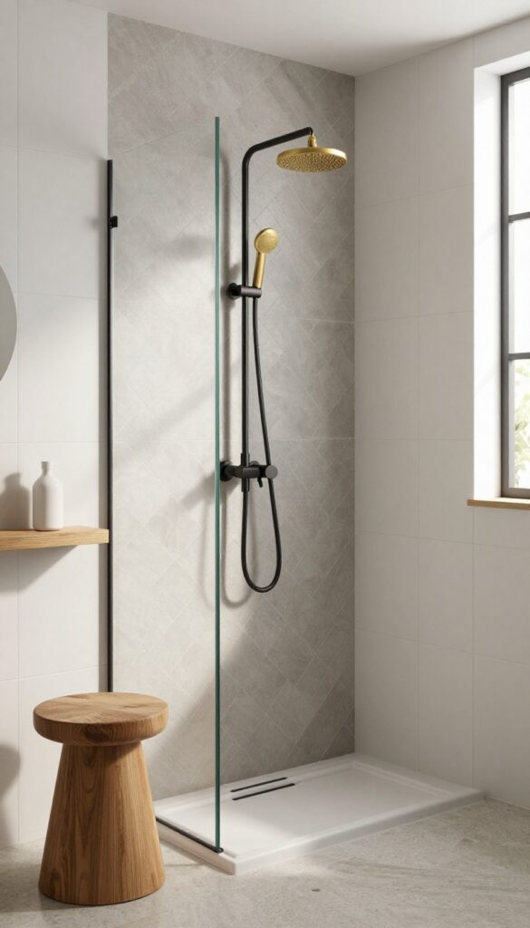 Modern shower with herringbone tile accent wall, brass fixtures, and teak accessories