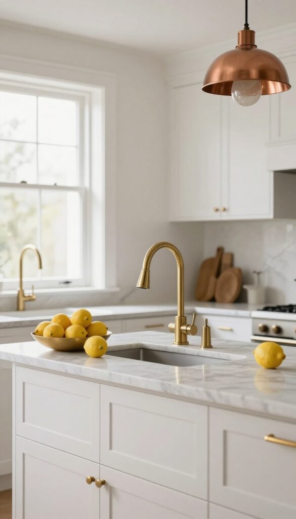 Bright kitchen with white cabinets and warm brass faucet and handles