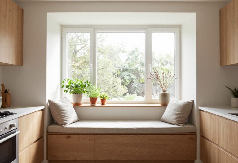 Cozy kitchen bay window with window seat, cushions, herbs, and natural light