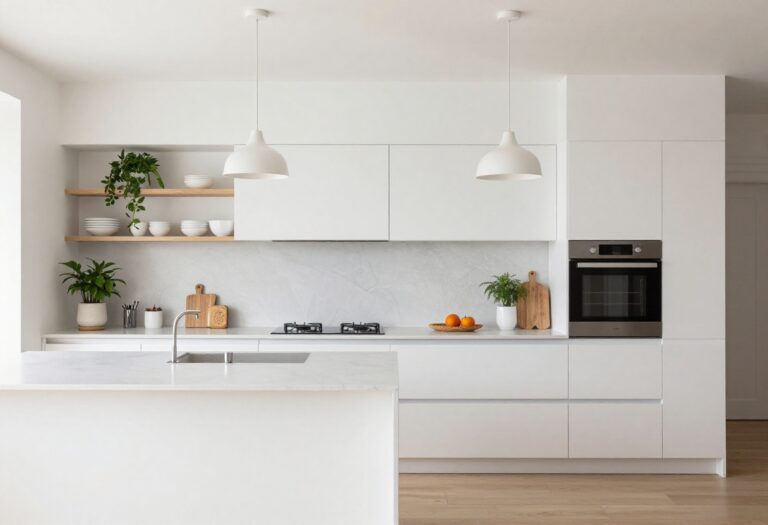 Modern Bloxburg kitchen with open shelving, white countertops, and pendant lights