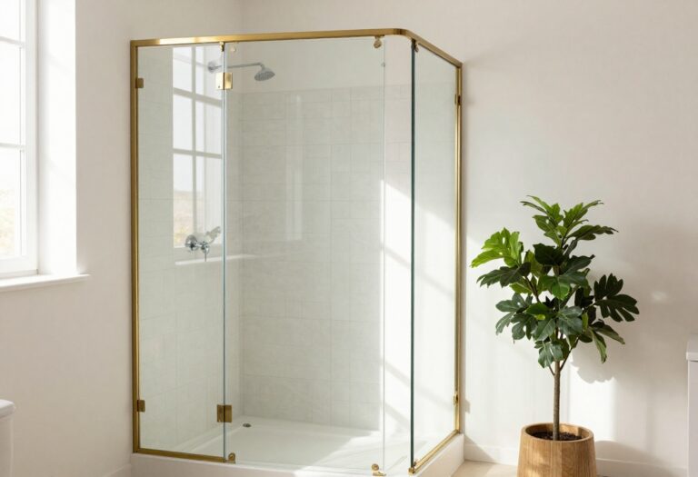 Bright bathroom with clear glass shower screen and brass frame, soft natural light, neutral tiles, wooden stool, and green plant