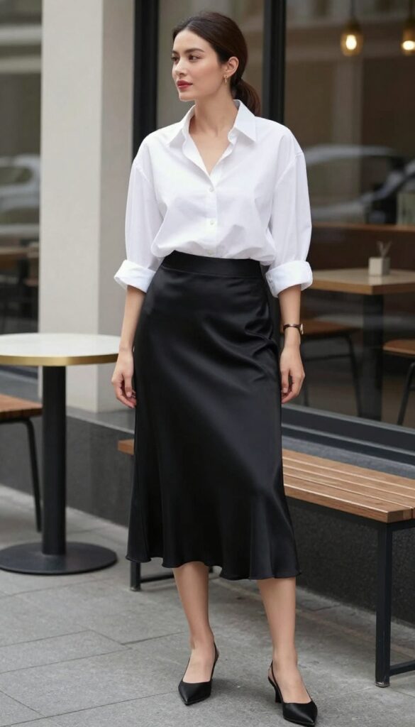 A woman wearing an oversized white button-down shirt and a black satin skirt, styled with loafers and a leather tote, in a bright natural light setting for a summer outfit idea.