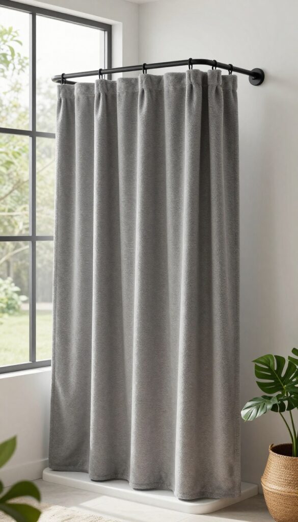 Modern walk-in shower with soft gray wool-blend curtain in natural light, featuring matte black hardware and organic accents for a serene bathroom aesthetic