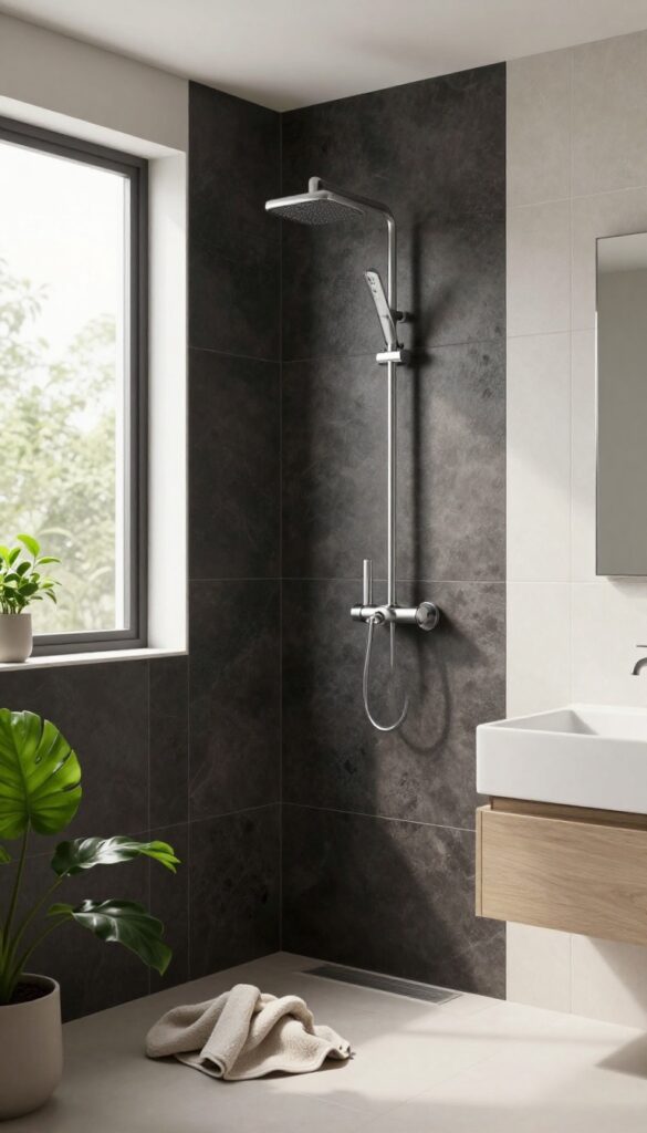 A modern bathroom shower with a dark charcoal tile statement wall on one side, contrasting with lighter adjacent walls and featuring natural light, matte finishes, chrome fixtures, and soft accents like plants and towels.