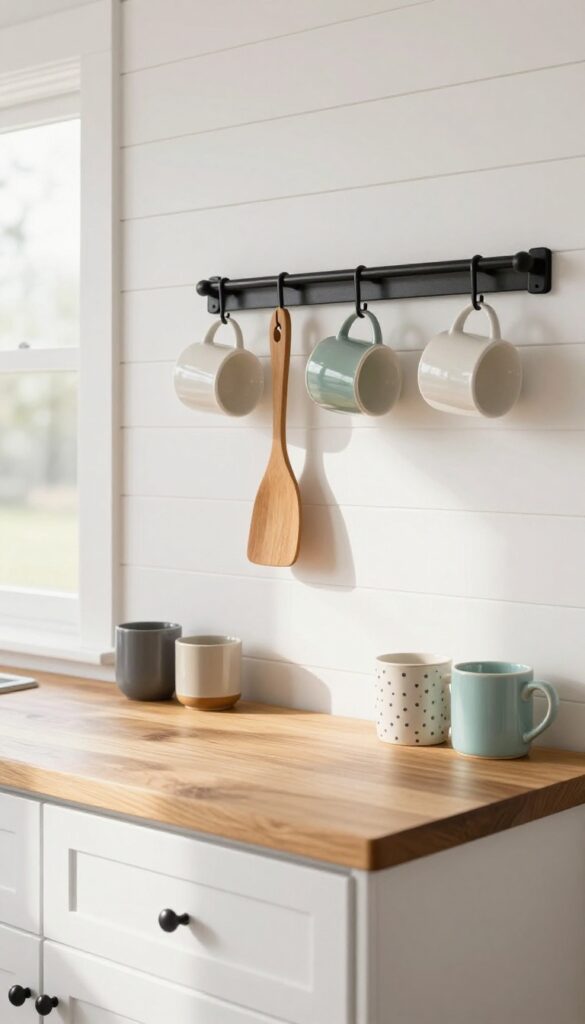 Kitchen breakfast bar with a peg rail holding mugs and utensils, cozy and organized