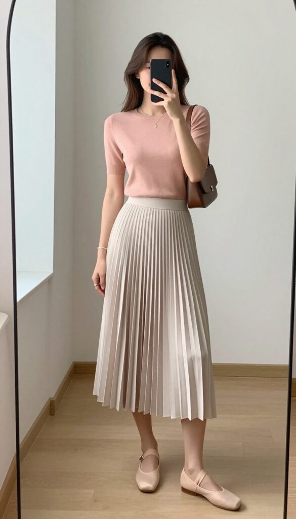 Woman in knit top and midi skirt taking a mirror selfie, showcasing a casual business outfit with soft pastel colors and delicate accessories.