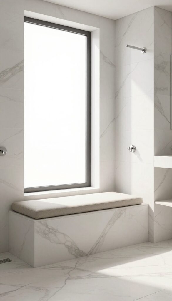 A marble walk-in shower with a built-in bench and cushioned seat in bright natural light, designed for relaxation and luxury.