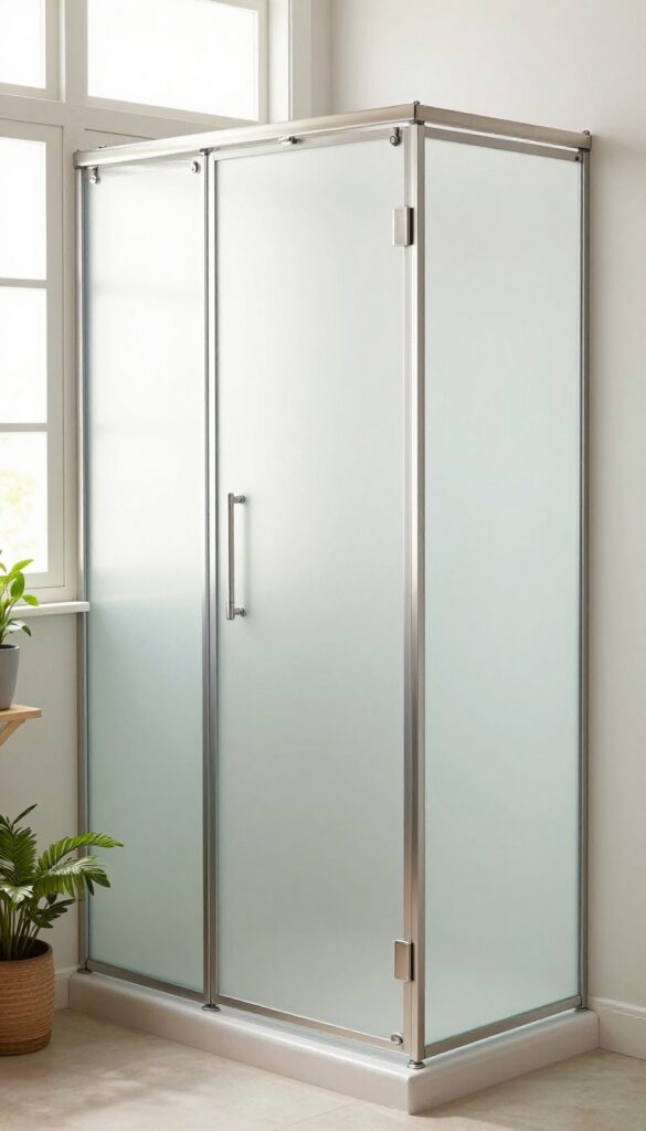 A farmhouse walk-in shower with frosted glass panels and natural light, showcasing a bright, airy spa-like bathroom with plants and brushed nickel frames.