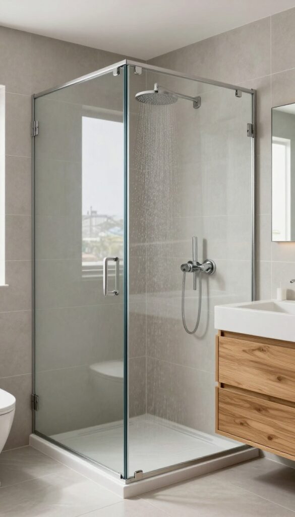 A modern bathroom with a frameless glass shower door in bright natural light, featuring neutral gray tiles, warm wood accents, and a rainfall showerhead for a sleek, airy look.