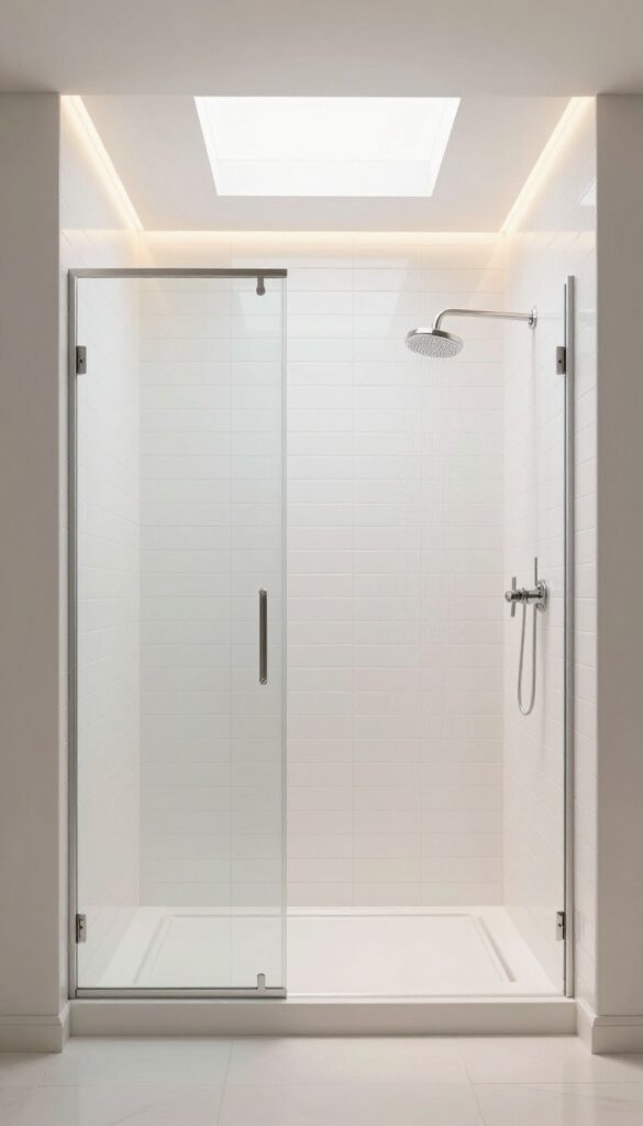White tile walk-in shower with skylight and LED lighting creating a bright, spa-like atmosphere.