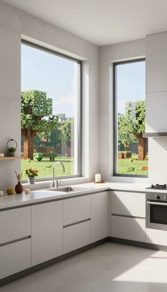 Modern Minecraft kitchen with large glass window wall, white concrete and quartz finishes, low-profile countertops, iron trapdoor sills with plants and candles, bright natural light, view of plains biome outside.