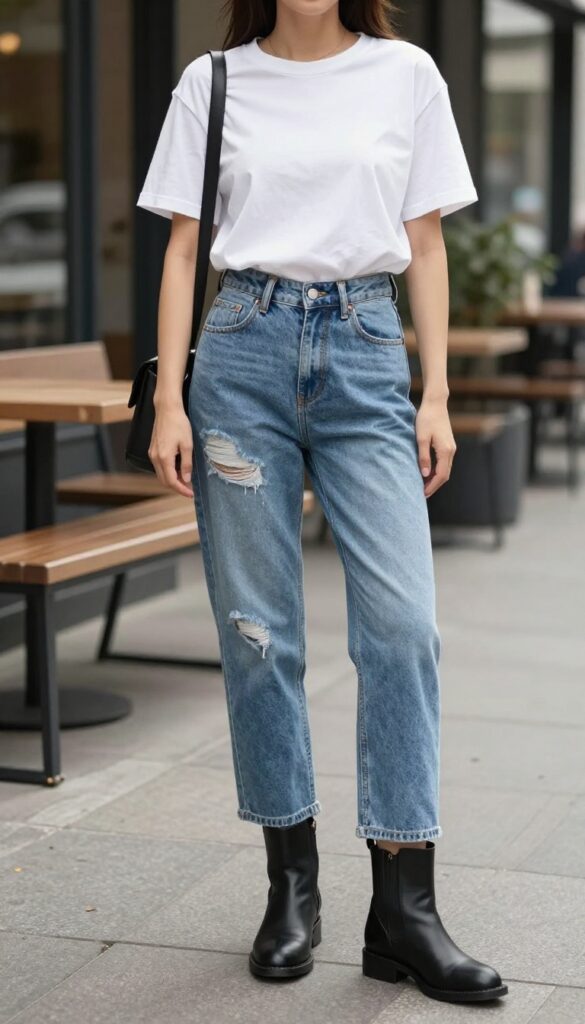 A woman wearing high-waisted light wash denim shorts and a loose white tee with black ankle boots, styled in a casual summer outfit with a slightly edgy vibe, set in bright natural light outdoors.