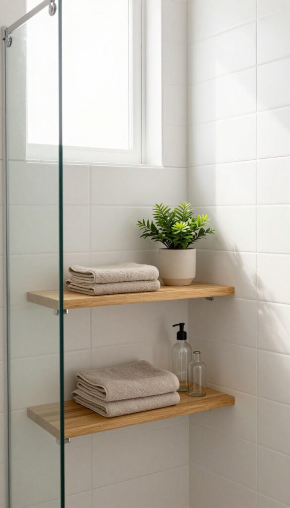 A small quadrant shower room with floating wooden shelves providing vertical storage for towels and toiletries in bright natural light.