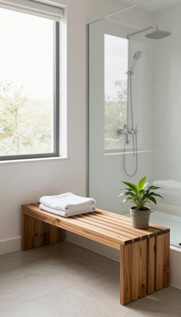 A zero-entry shower with a slatted teak bench for seating and style in a modern bathroom