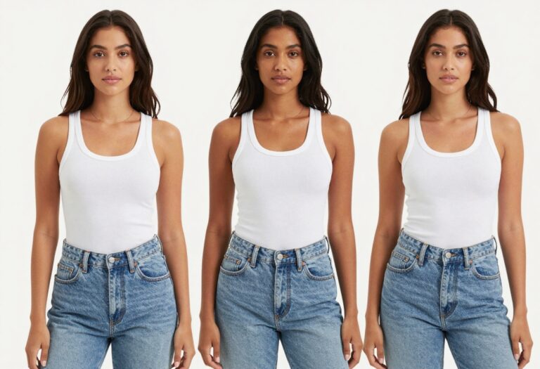 A woman wearing a fitted white tank top and light wash baggy jeans, styled for a summer outfit with balanced proportions, in a casual setting with bright natural light, suitable for fashion editorial content.