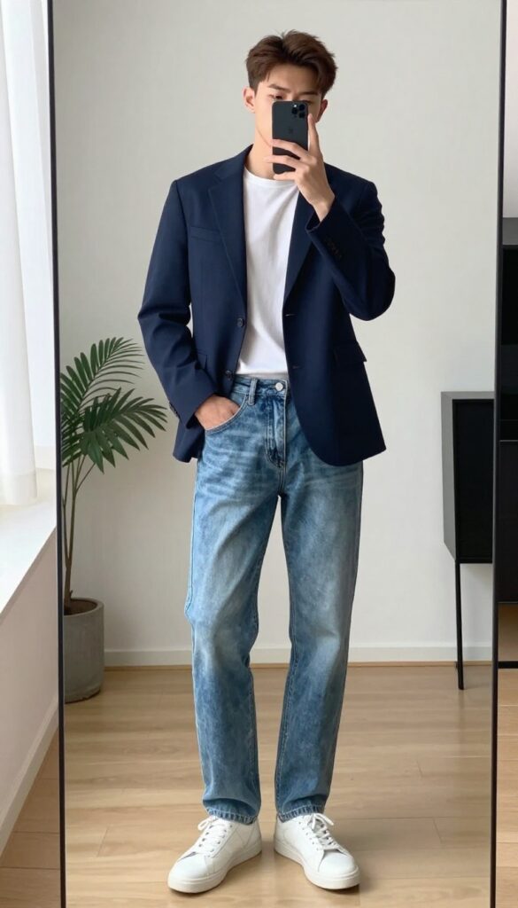 Male model in relaxed jeans, fitted tee, and structured blazer taking a mirror selfie, showcasing smart casual outfit.