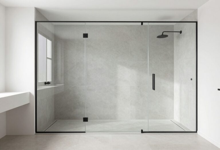 Modern bathroom with walk-in shower featuring large-format porcelain slab base in warm gray