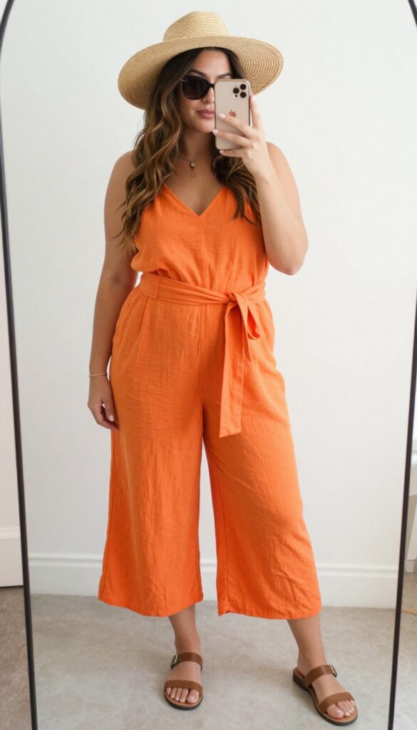 Plus-size woman in orange belted romper taking a mirror selfie, wearing straw hat and sunglasses, boho vacation outfit.