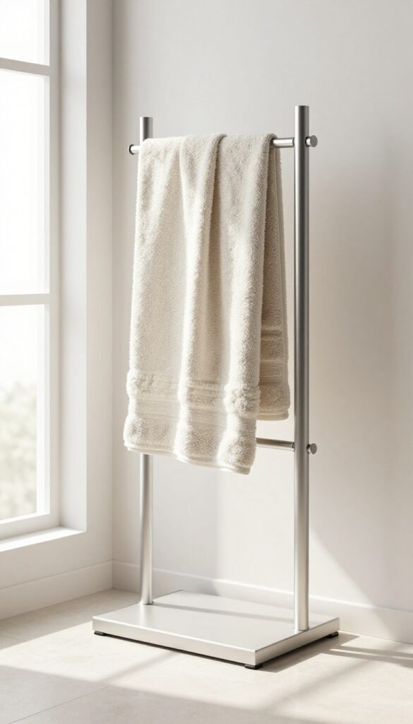 A freestanding towel stand with towels in a bright bathroom, illustrating flexible storage without drilling.
