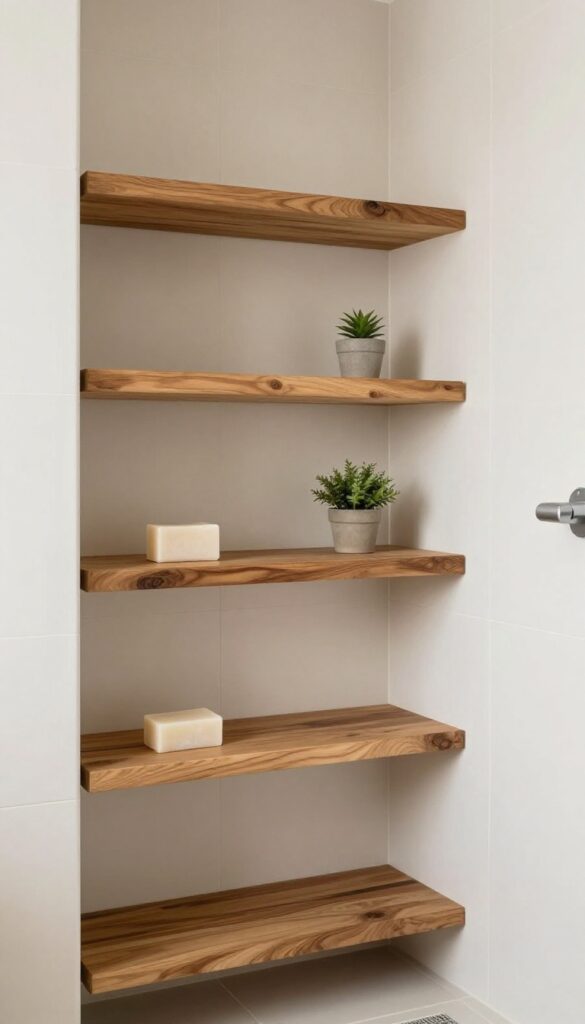 A small standing shower corner with floating natural wood shelves holding soap and a plant against neutral tiles, showcasing smart storage in tight spaces with a cozy, natural vibe.