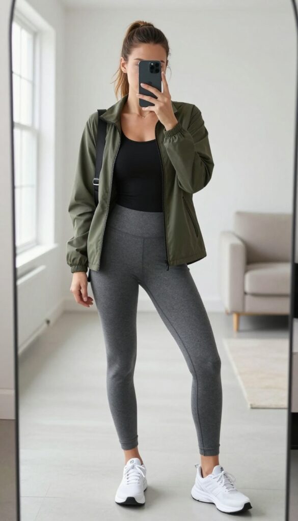 Woman in grey joggers, black tank, and olive zip-up jacket taking a mirror selfie in a bright living room.