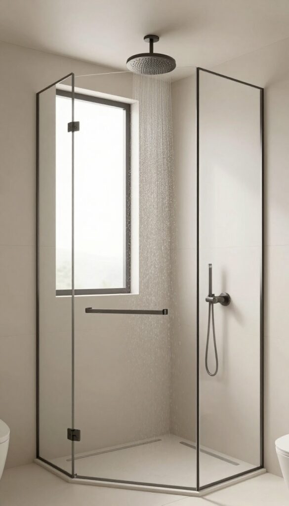 A minimalist bathroom with a concealed-plumbing rainfall showerhead in a zero-entry shower, featuring clean lines and natural light.