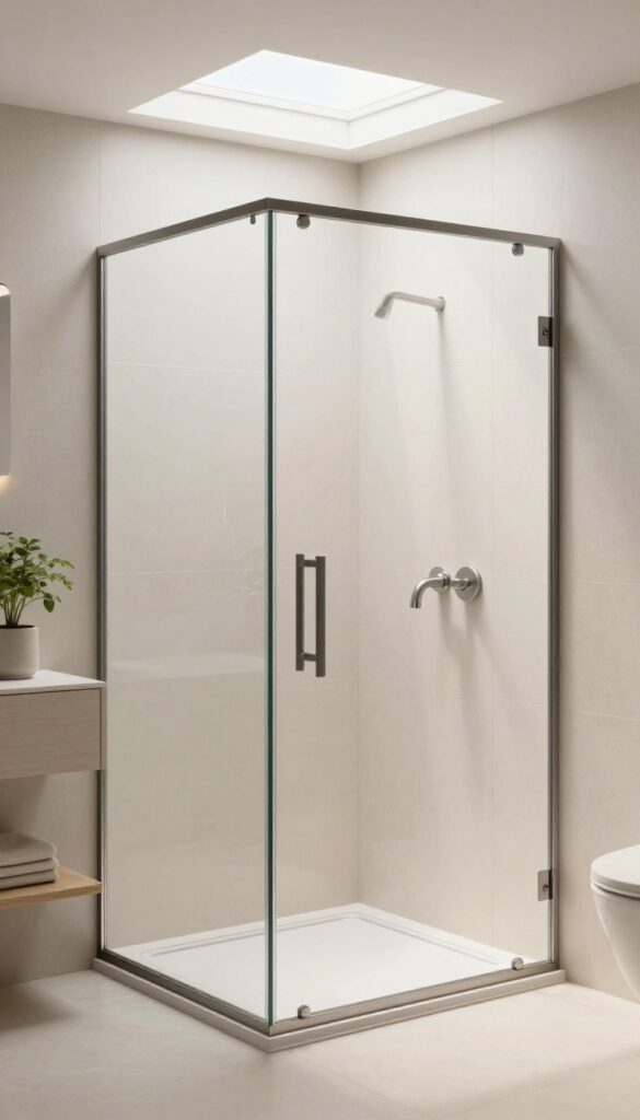 A bright basement bathroom shower with a skylight, featuring natural light on light tiles and minimal decor