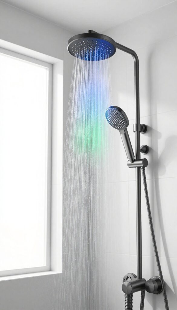 Modern LED temperature-changing shower head with colorful water spray in a bright tiled shower