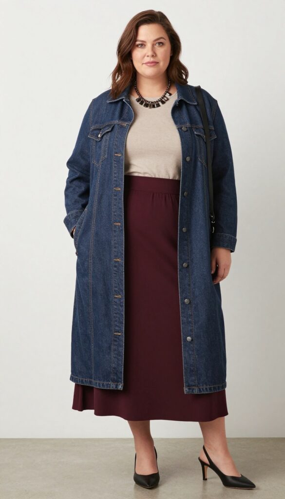 A plus-size woman wearing a layered maxi skirt with burgundy accents and a denim jacket, styled with accessories for a versatile, chic outfit in a bright outdoor setting.