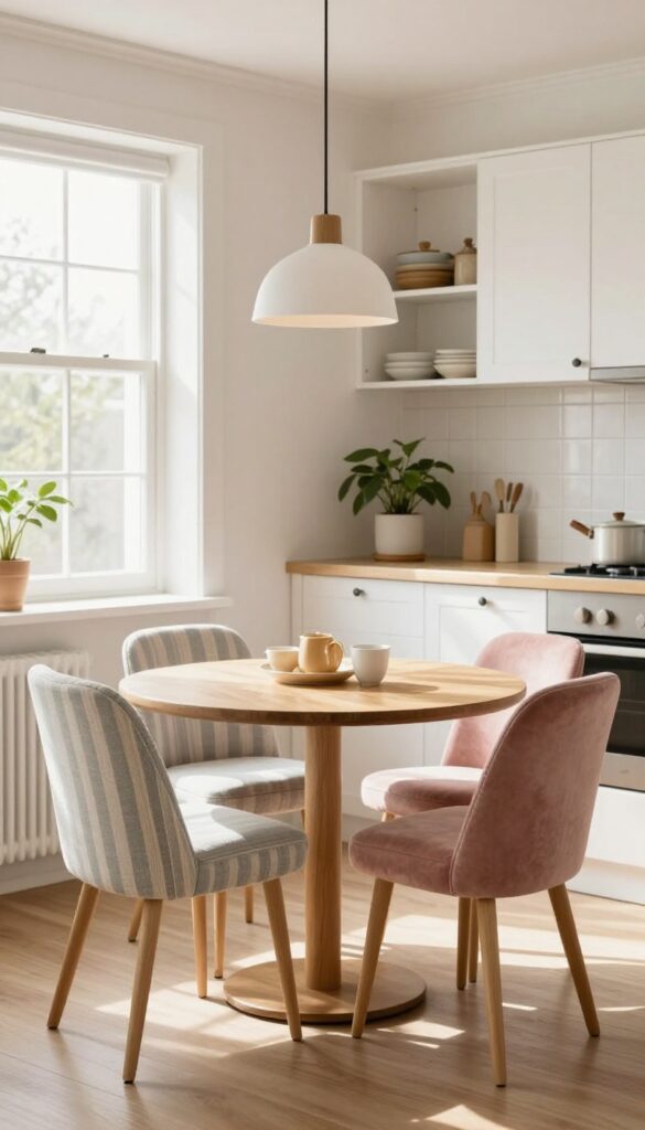Cozy breakfast nook in a kitchen with cushioned chairs and warm lighting