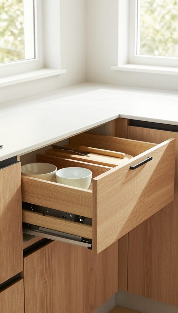 Modern kitchen corner drawer system with warm wood fronts and matte black handles, partially open to reveal organized utensils and cutting boards.