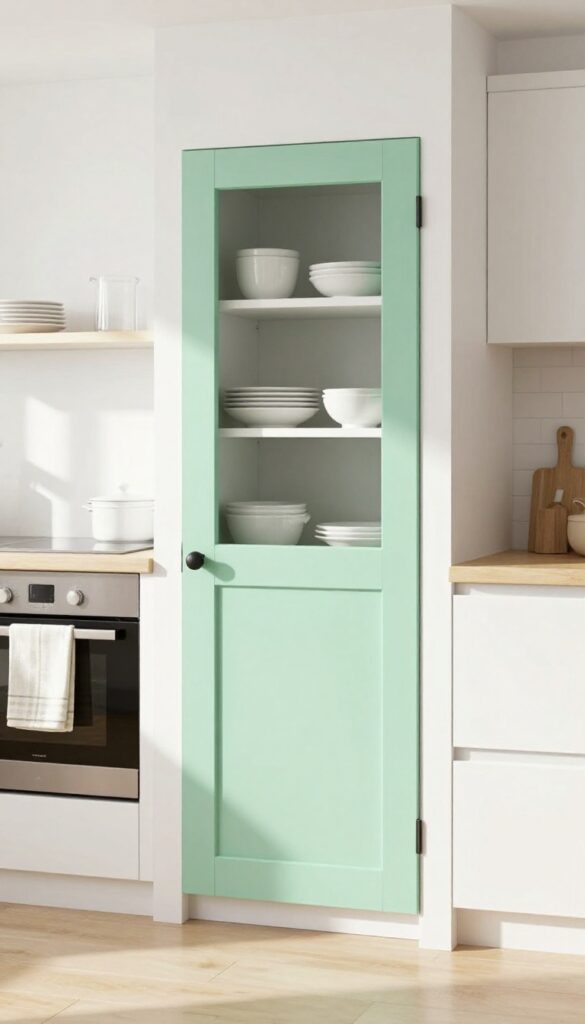 Soft mint green pantry door in a bright neutral kitchen with white walls and light wood floors