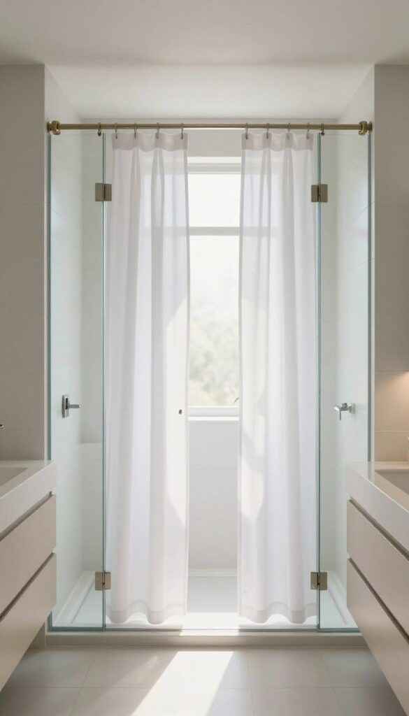 Sheer white fabric panels hanging from a rod above a glass shower door, creating a soft, diffused glow in a bright bathroom.