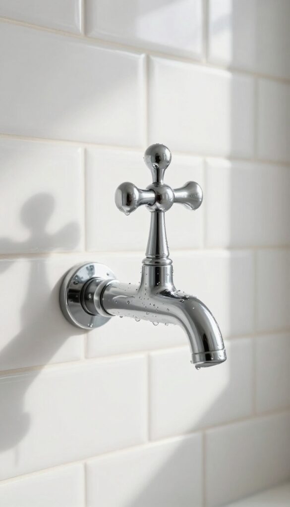 Close-up of a vintage cross handle shower faucet in polished chrome on white subway tile