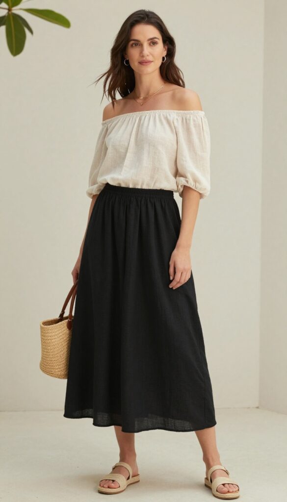 A woman wearing an off-shoulder top and black maxi skirt outfit for summer, styled with sandals, delicate jewelry, and a straw bag, suitable for brunch or casual outings.