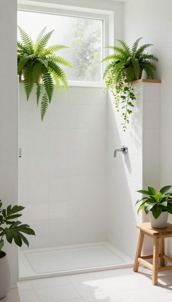 White tile walk-in shower with green plants adding a fresh pop of color