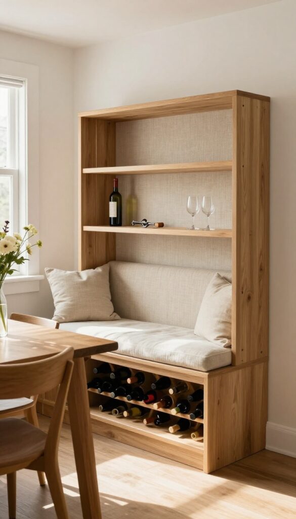 Kitchen banquette with built-in wine rack in bright natural light
