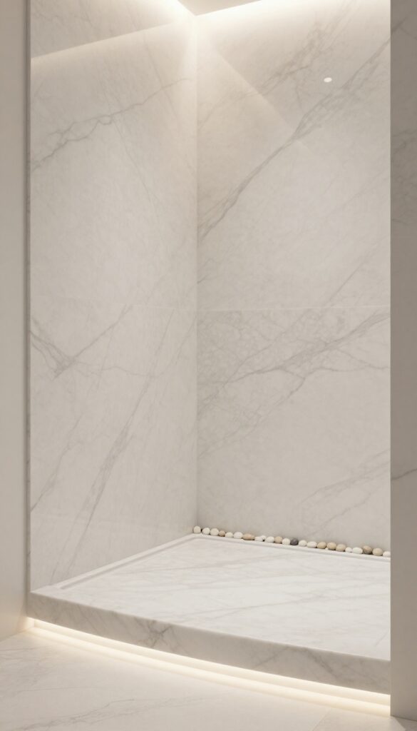 A curved marble shower threshold with soft lighting and rounded tiles in a bright bathroom, showcasing a smooth transition for a clean and well-defined shower space.