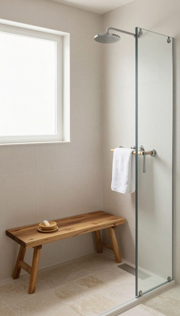A modern walk-in shower with a fold-down wooden bench, rain showerhead, and natural stone tiles in soft natural light.