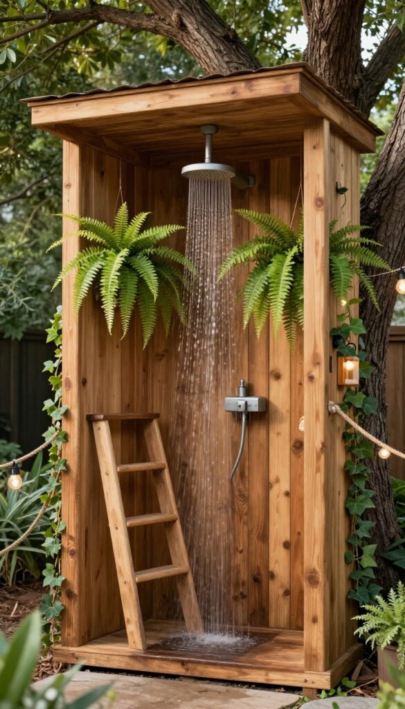 A treehouse-inspired outdoor shower with an elevated wooden platform around a tree, ladder steps, hanging greenery, and soft lighting in a charming backyard setting.