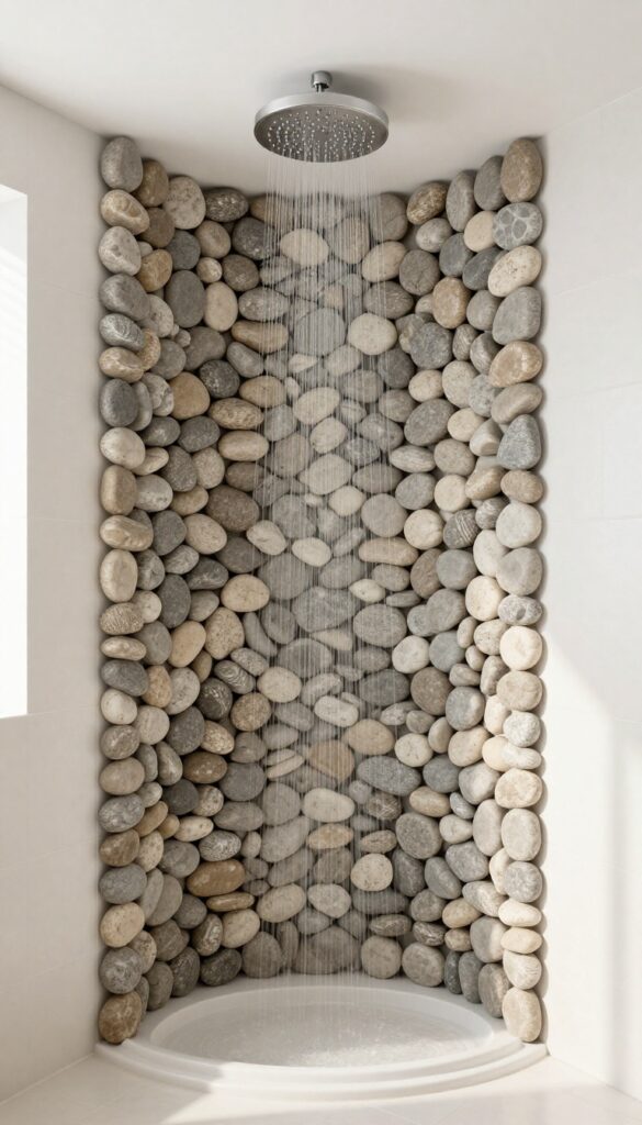 Rainfall showerhead framed by river rock pebble accent on ceiling