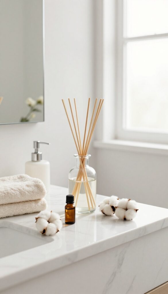 A minimalist guest bathroom setup with a neutral reed diffuser and essential oil dish on a marble countertop under bright natural light.