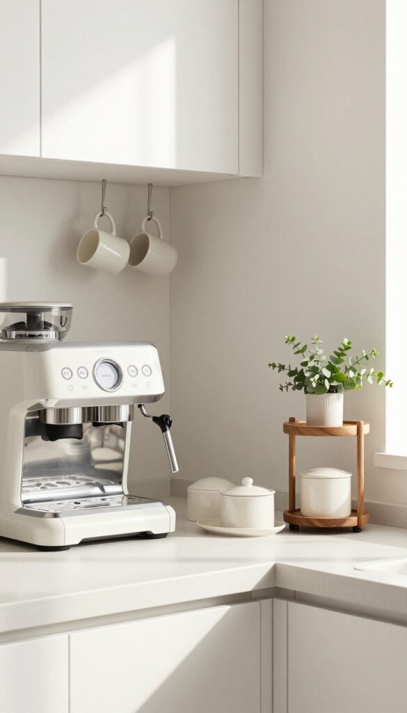 Modern kitchen coffee station with espresso machine, ceramic canisters, and plant on wooden cart
