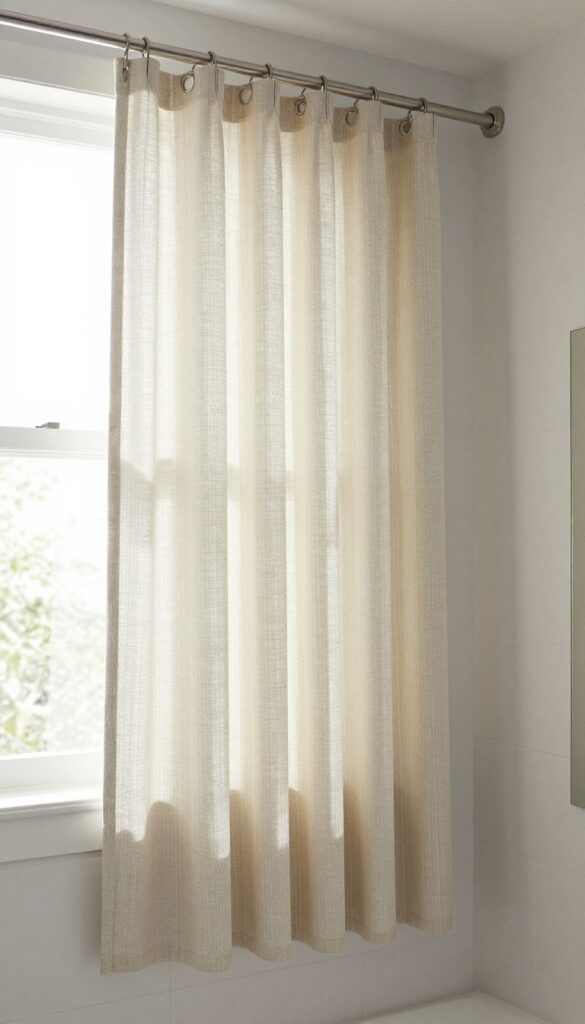 A photorealistic image of a bathroom showcasing an elegant statement shower curtain in a neutral pattern, hung high to create the illusion of taller ceilings, with bright natural lighting and clean design elements.