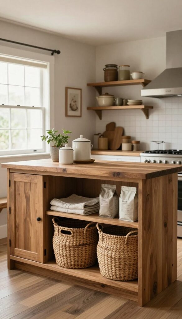Butcher block counter coffee station with woven baskets below
