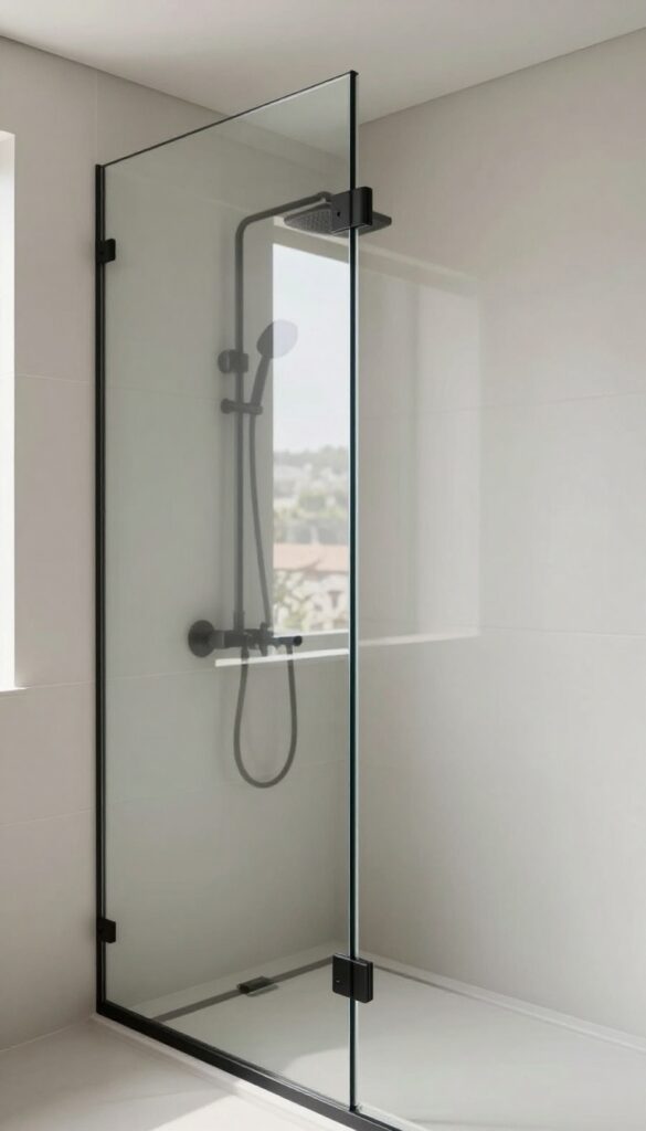 Mirrored glass panel in a small shower reflecting the room to create an illusion of depth